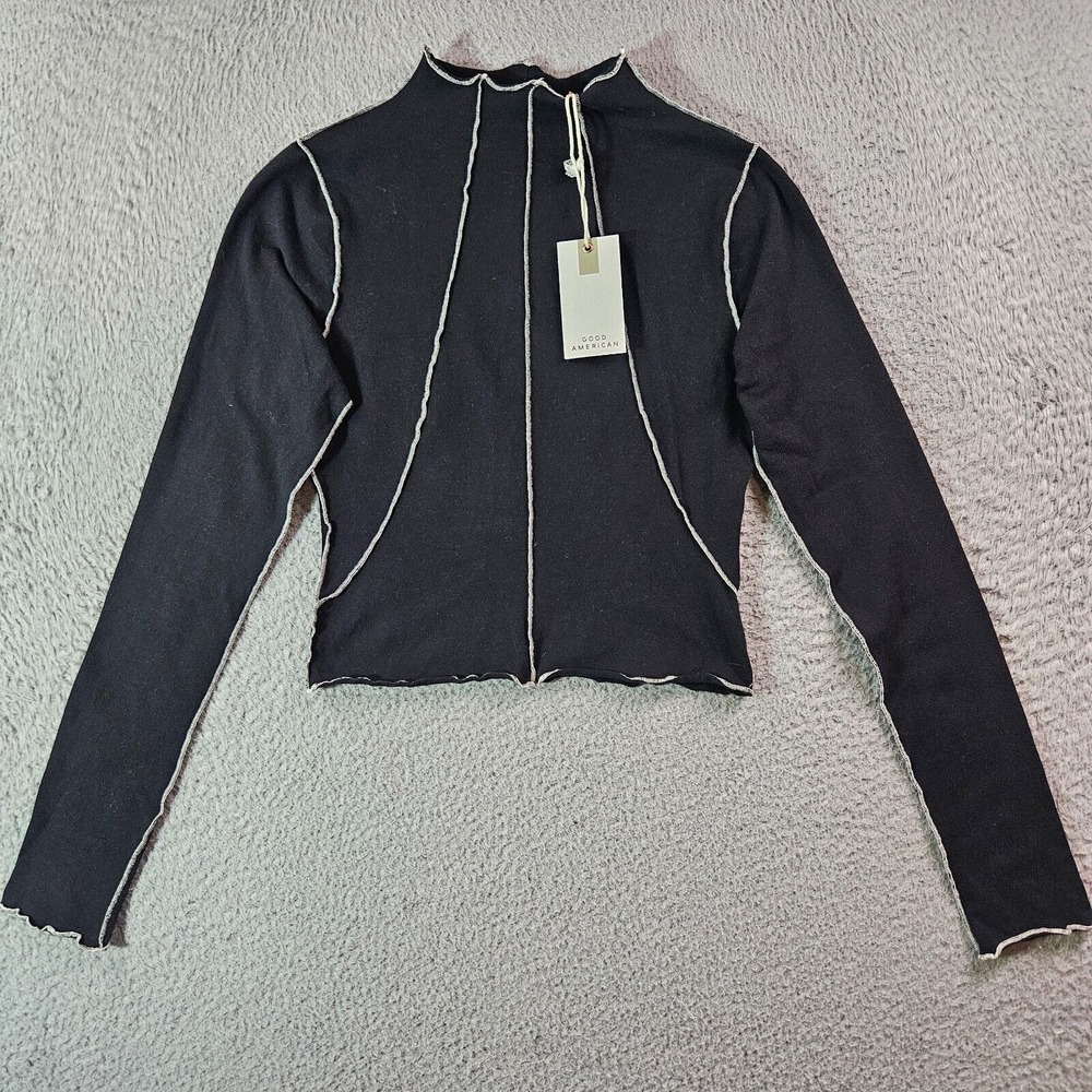 NWT Good American Top Women Size 1 Fitted Runs Small Long Sleeve Mock Neck Black